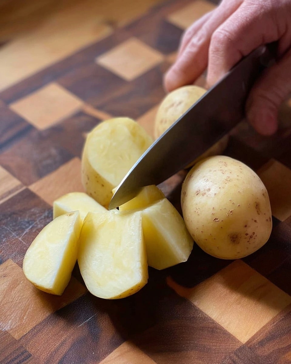 A close-up shows several peeled potatoes on a wooden checkered cutting board. One potato is being sliced into smaller pieces by a knife held in a left hand, while a woman's hand steadies the potato on the right. The potatoes are pale yellow with a few small brown spots on the skin. The cutting board has a pattern of light and dark wood squares, and the lighting highlights the smooth texture of the peeled potatoes and the sharp edge of the knife. photo taken with an iphone --ar 4:5 --v 7