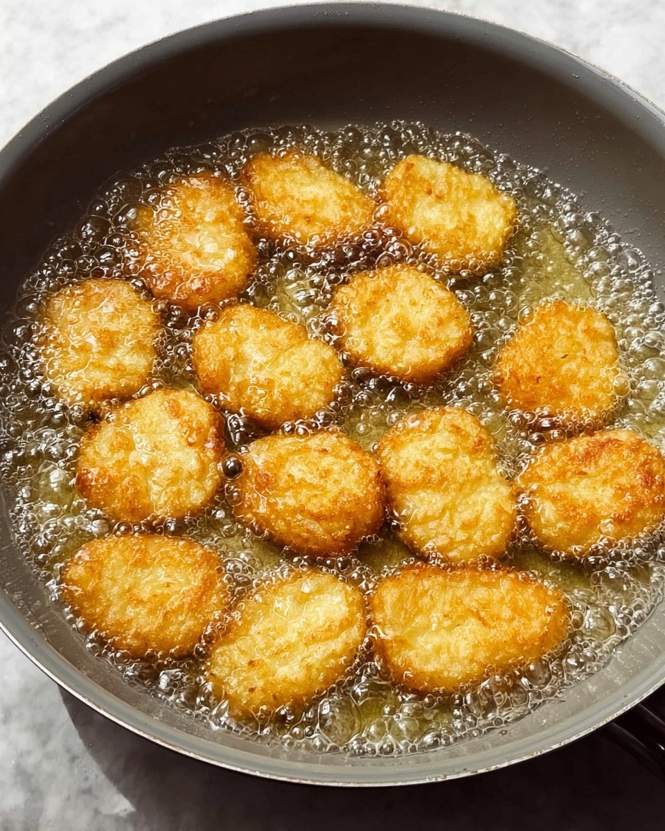 A gray frying pan filled with golden brown, round nuggets with a lightly textured surface, frying in bubbling hot oil. The nuggets are arranged in a loose cluster, showing different shades of golden yellow and light brown where they have crisped. The oil bubbles cheerfully around each nugget, creating a lively ripple effect inside the pan. The scene is set on a white marbled surface. photo taken with an iphone --ar 4:5 --v 7