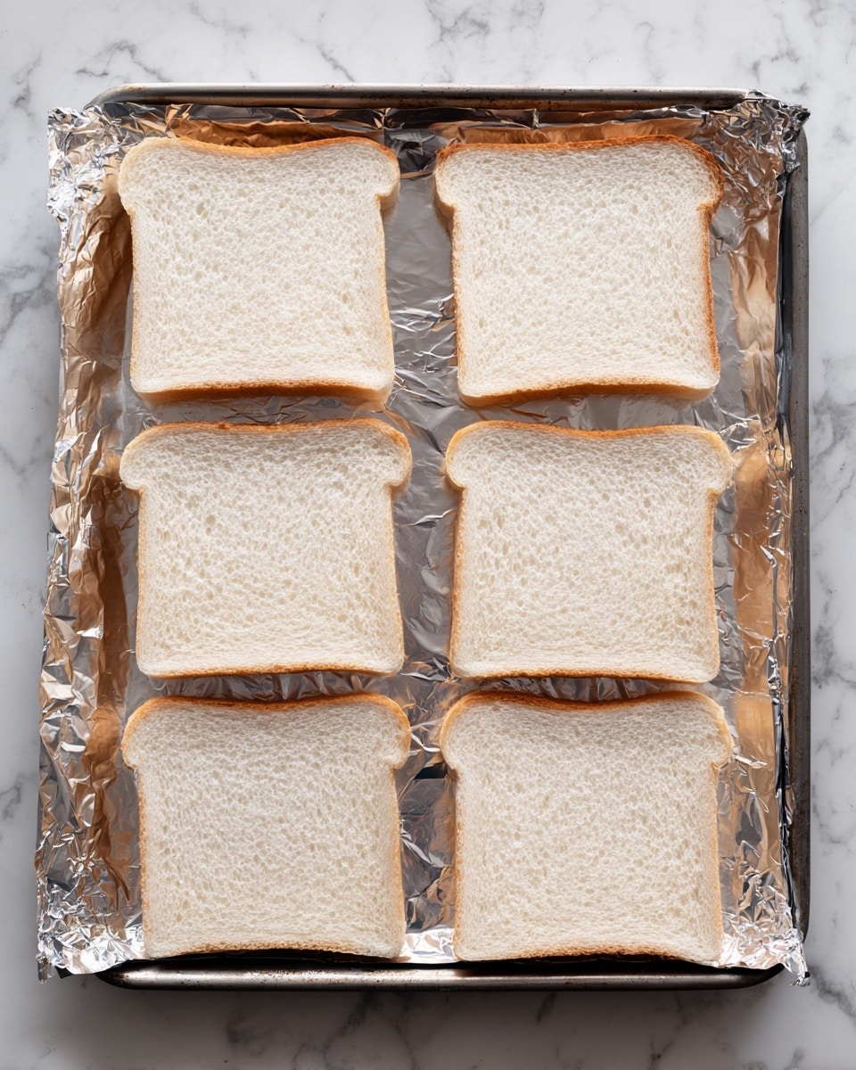 Six slices of plain white bread are evenly placed in two columns and three rows on a baking sheet lined with shiny silver foil. Each bread slice is square with a soft, spongy texture and a light brown edge crust, resting flat on the foil. The baking sheet has a worn metallic look with darker edges and corners, all set against a white marbled surface. photo taken with an iphone --ar 4:5 --v 7