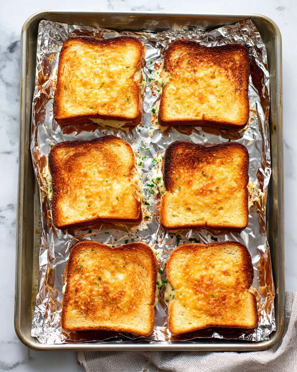 Six toasted sandwiches with golden brown crusts are placed in two rows of three on a metal baking tray covered with crinkled aluminum foil. Each sandwich is square with slightly darker edges and some visible bits of melted cheese and green herbs peeking from the sides. The tray sits on a white marbled surface with a small part of a light-colored cloth visible at the bottom. photo taken with an iphone --ar 4:5 --v 7