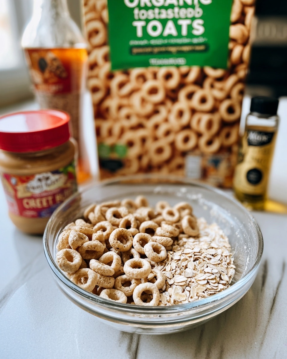 A clear glass bowl sits on a white marbled surface, filled with two types of cereal rings: the bottom layer is a light beige toasted oat cereal, and the top layer is a slightly lighter oat cereal that looks fluffier. Behind the bowl, a large box of organic toasted oats cereal with brown and green colors is standing upright, partially visible. To the left side of the bowl, there is a jar with a solid red lid labeled creamy peanut butter, a small honey bear bottle, and a black-lidded jar. The background is softly blurred, focusing attention on the bowl and the cereals. Photo taken with an iphone --ar 4:5 --v 7