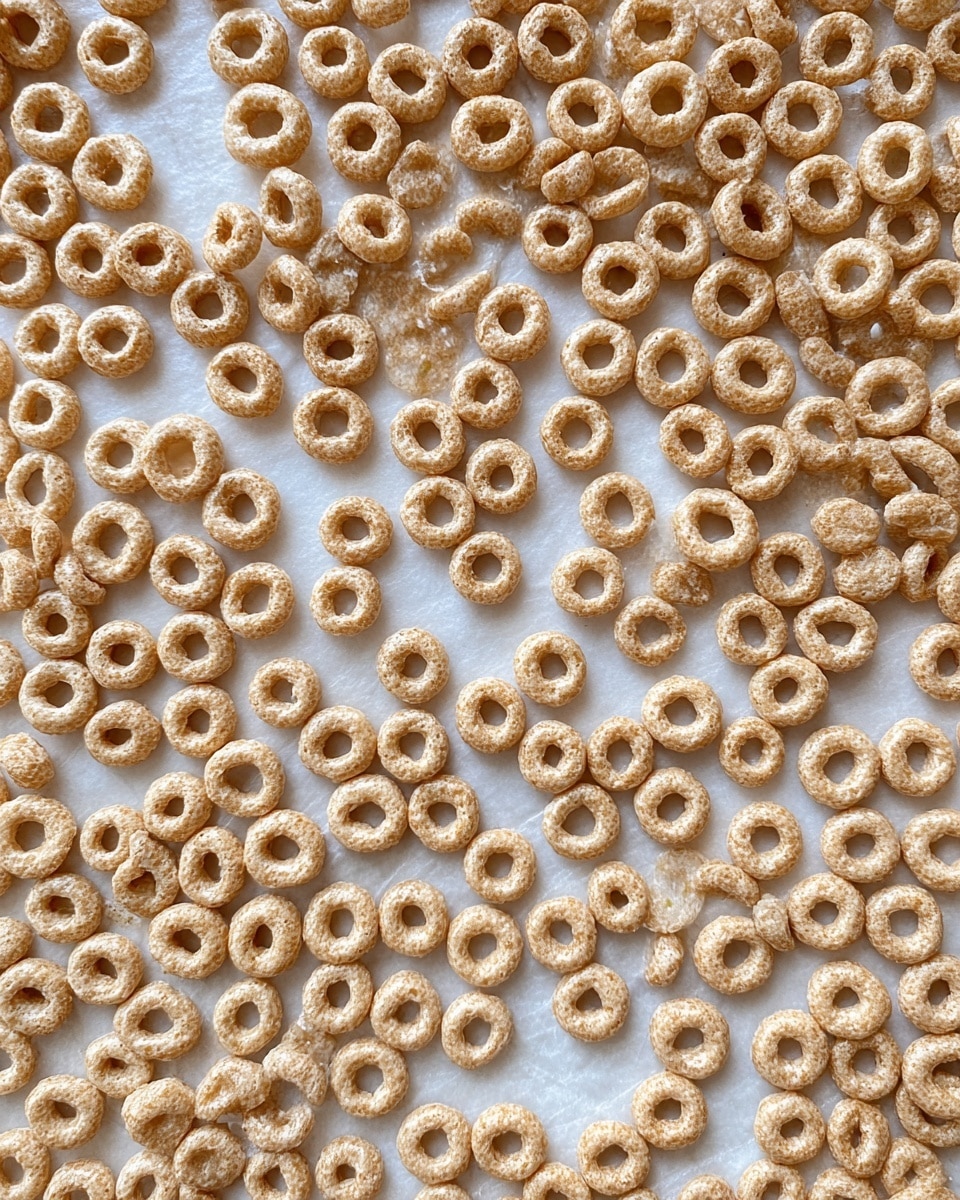 A single flat layer of small round cereal loops coated evenly in a light golden sticky mixture, spread out closely on a sheet of white parchment paper, with some loops slightly piled and overlapping at the edges, all over a white marbled surface photo taken with an iphone --ar 4:5 --v 7