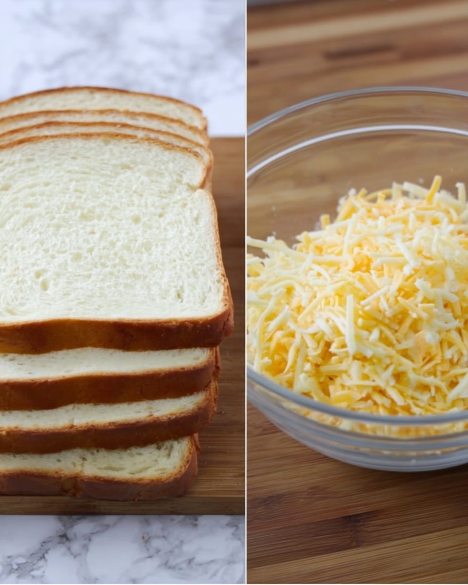 The image shows two side-by-side photos. On the left, there is a stack of six slices of white sandwich bread with a soft texture and light brown crust edges, placed on a wooden board. On the right, there is a clear white bowl filled with shredded yellow and white cheese mixed together, sitting on a wooden surface. The background for both is a white marbled texture. photo taken with an iphone --ar 4:5 --v 7