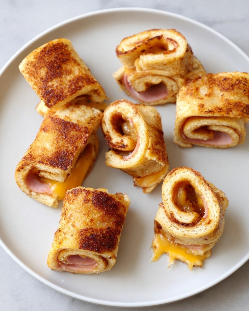 The image shows seven small toasted rolled sandwiches on a white plate with a white marbled background. Each sandwich looks like it has two layers of golden brown toasted bread rolled tightly around melted yellow cheese and slices of light pink ham inside. The bread has a crisp, browned texture with visible toasting marks on the outside. Some cheese is slightly visible, melted at the edges of the rolls, creating a soft, smooth texture contrast with the crunchy bread layers. The sandwiches are arranged randomly, some facing up and some on their sides, showing the filling inside. Photo taken with an iphone --ar 4:5 --v 7