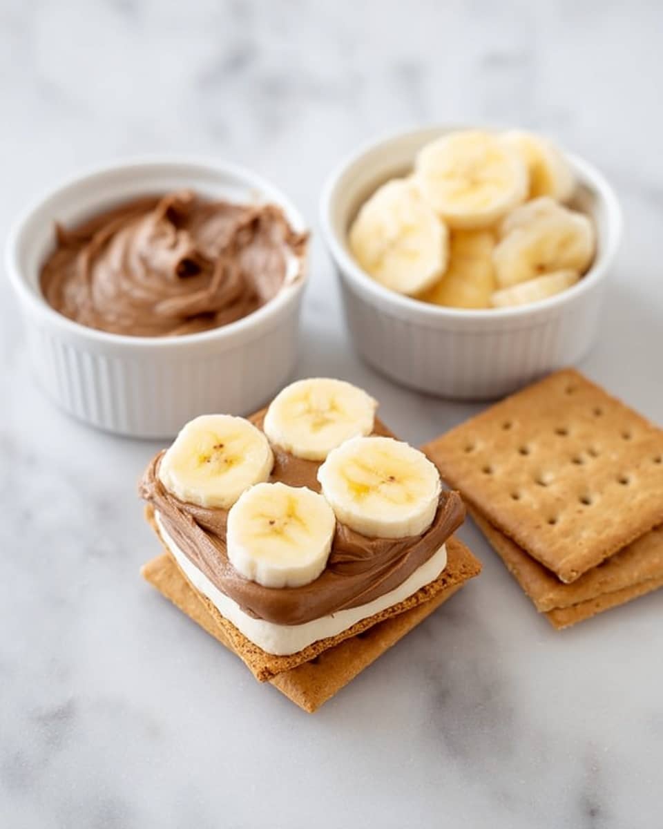 The image shows a small stack of three rectangular graham crackers on a white marbled surface. The bottom cracker is plain, the middle cracker is layered with a smooth brown spread and banana slices, and the top cracker has a thick layer of the same brown spread with three banana slices arranged in a triangle. Next to the stack, there are two small white bowls: one filled with the brown spread and the other filled with banana slices. A few plain graham crackers lie beside the bowls. Everything is set on a white marbled surface. photo taken with an iphone --ar 4:5 --v 7