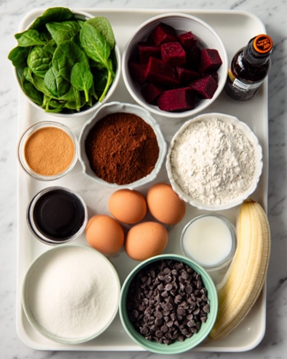The image shows a white tray with 11 small white bowls and plates arranged neatly on a white marbled surface. Starting from the top left, there is a bowl filled with fresh green spinach leaves, next to it a bowl with deep red beet chunks, then a bowl with rich brown cocoa powder, and finally a bowl filled with white flour. On the bottom row from left to right, a mashed ripe banana rests beside two brown eggs, followed by a small bowl of light brown sugar, a bowl with white baking soda, a small bottle of dark pure vanilla extract, a bowl with white liquid (likely oil or water), and a bowl containing dark chocolate chips. The textures and colors range from soft and smooth to rough and powdery, creating a vibrant and varied visual. photo taken with an iphone --ar 4:5 --v 7