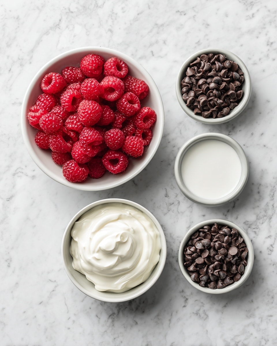 Top-down professional food photography, flat lay style, bright white marble countertop, neatly arranged, evenly spaced, tidy, clean organized layout, include: bowl of fresh raspberries, bowl of creamy yogurt, small bowl of glossy chocolate chips, bright soft natural lighting, sharp focus, high detail textures, realistic reflections, professional DSLR look, 4K, no finished dish, no cooked food, no hands, no text, no watermark, no brand logos --ar 4:5 --v 7