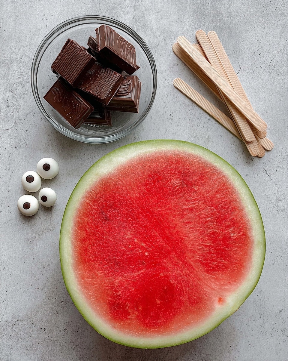 A top view of a flat half watermelon with a bright red interior and a green rind, resting on a white marbled surface. Next to it, there is a small clear glass bowl holding several thick dark brown chocolate pieces with smooth and ridged textures. Above the bowl, there is a group of six natural wooden sticks laid flat. Below the watermelon, there are ten small white candy eyes with black pupils scattered loosely. The light is soft, highlighting the fresh, vibrant colors of the watermelon and the rich texture of the chocolate. photo taken with an iphone --ar 4:5 --v 7