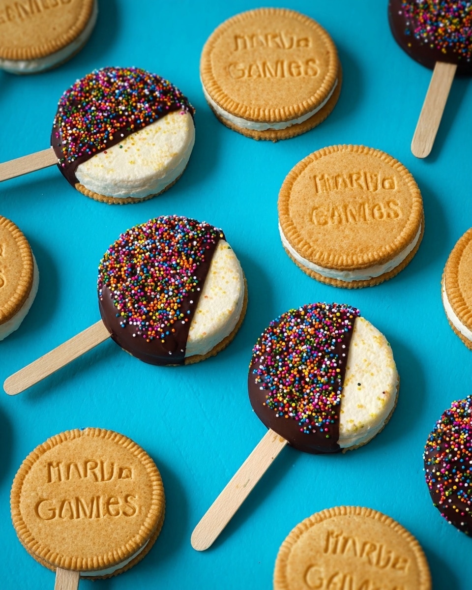 The image shows several cookie pops on a bright blue background. Each cookie pop has two round light brown biscuit layers with the word