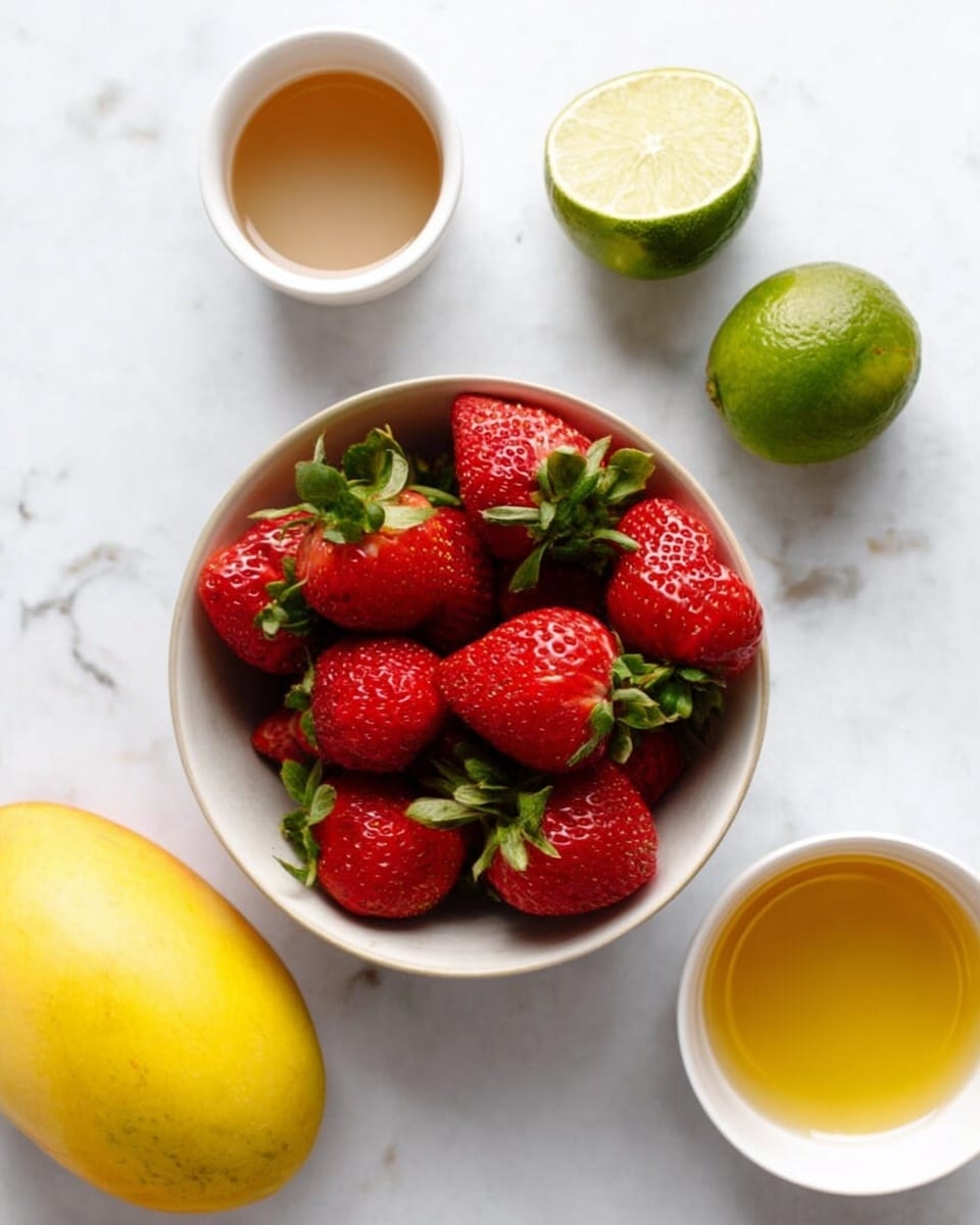 The image shows a top view of a white bowl filled with bright red strawberries with green leaves on top, placed on a white marbled surface. To the upper left of the bowl, there is a small white cup filled with a light brown liquid. To the right of the bowl, there are two halves of a green lime, showing their inside texture. In the lower left corner, a whole yellow mango sits on the surface. In the lower right corner, a white cup contains a golden-yellow liquid. Photo taken with an iphone --ar 4:5 --v 7