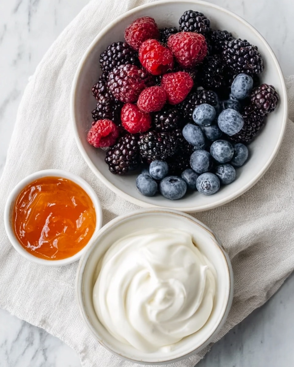 The image shows three white bowls placed on a white marbled surface with a white cloth underneath. The biggest bowl, on the right, is filled with layers of fresh berries, including blackberries, blueberries, and raspberries, showing a mix of dark purple, blue, and red colors with a soft, round texture. To the left, there is a medium-sized bowl filled with smooth, white yogurt that has a creamy texture and swirled top. In front of these two bowls, there is a small bowl containing orange-colored jam with a shiny, slightly thick texture. Photo taken with an iphone --ar 4:5 --v 7
