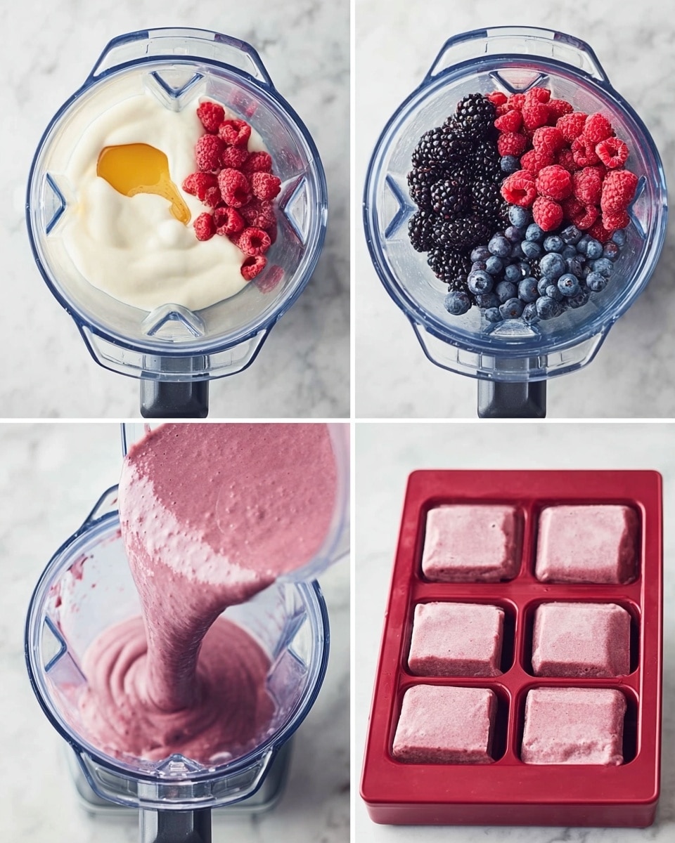 The image shows four steps of making a berry smoothie in a blender. The first step displays a blender with white yogurt and honey inside, showing thick and creamy white and golden textures. The second step shows the blender filled with fresh red raspberries, black blackberries, and dark blue blueberries on top of the yogurt and honey. The third step shows the blender with the mixed smoothie, which is a thick, light purple color with a smooth texture and small bubbles on the surface. The fourth step shows a white marbled surface with a woman’s hand pouring the thick purple smoothie from the blender into a red ice cube tray, filled halfway or full in each cube. photo taken with an iphone --ar 4:5 --v 7