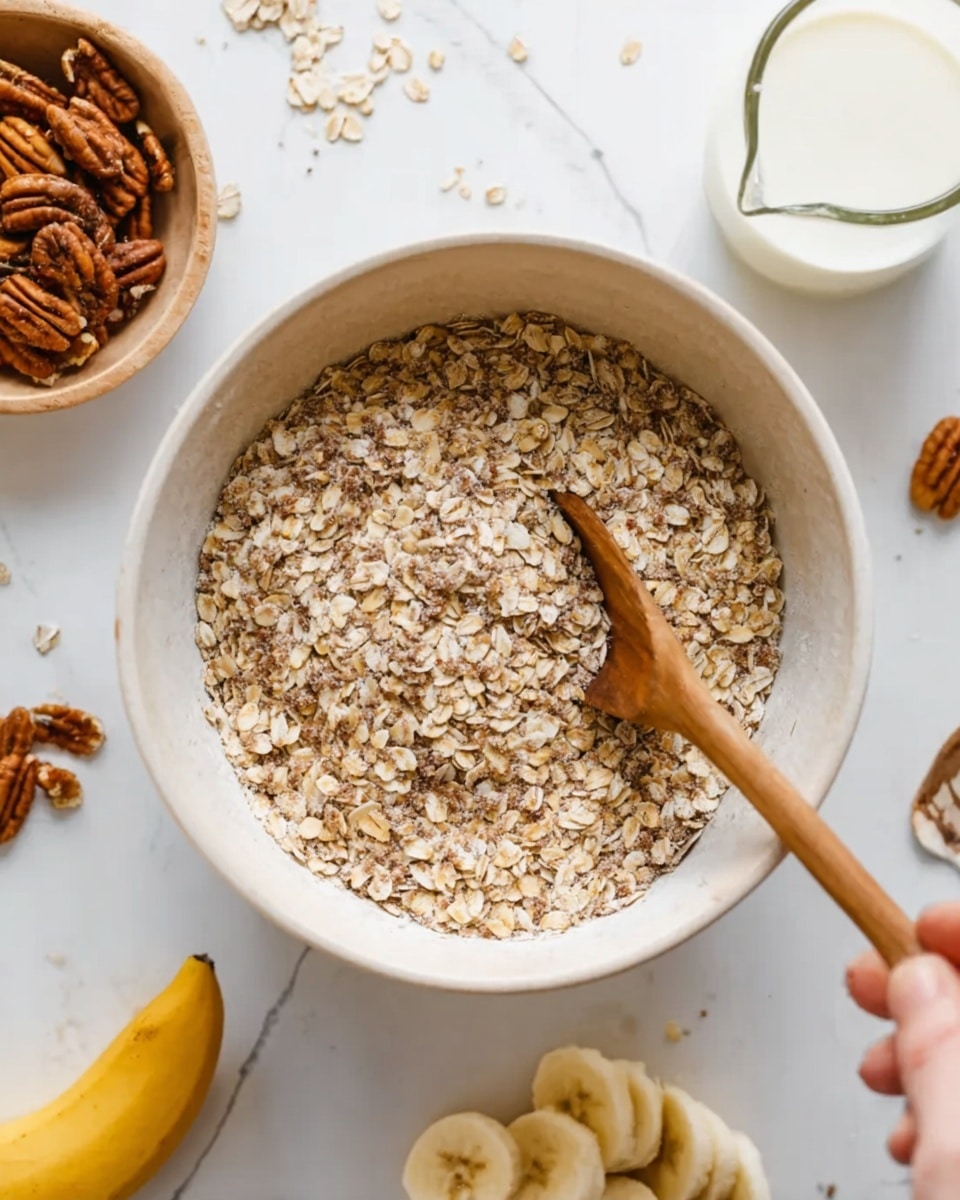 A white bowl filled with dry oats, showing a coarse, light brown and beige texture. A woman's hand holds a wooden spoon that is partially buried in the oats, stirring gently. Around the bowl, a white marbled surface is visible, with a small glass container of milk, a bowl of pecans, and a sliced banana placed nearby. The scene is bright and clean, focusing on the simple, natural ingredients. Photo taken with an iphone --ar 4:5 --v 7