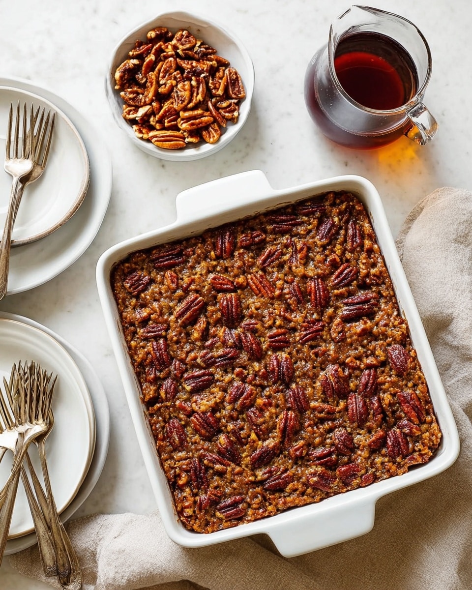 A white square dish holds a baked dessert with a rough, golden brown crust, topped generously with whole pecan halves that are toasted to a warm brown color, giving a crunchy texture on top. Next to the dish is a small white bowl filled with more shiny, toasted pecans. Nearby, there is a small clear glass pitcher filled with dark amber syrup, sitting on a white marbled surface with a beige cloth partially underneath the dish. To the bottom left, there are white round plates stacked with shiny silver forks resting on top. The whole scene is lit softly, showing the warm tones and textures clearly. Photo taken with an iphone --ar 4:5 --v 7