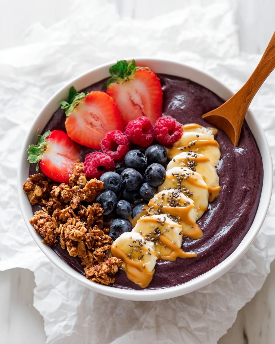 A white bowl filled with a thick, dark purple smoothie base, topped with fresh fruit and granola. On top, there are slices of yellow banana arranged in a line on the right side, with a drizzle of light brown peanut butter and small black chia seeds scattered over them. Around the banana, there are whole red raspberries, dark blue blueberries, and two bright red strawberry halves with green leaves placed on the left and bottom edges. Clusters of crunchy brown granola scatter between the fruits. A wooden spoon is placed on the left side, resting on the edge of the bowl. The bowl sits on crumpled white paper on a white marbled surface. photo taken with an iphone --ar 4:5 --v 7
