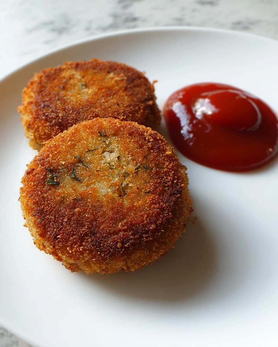 The image shows two round, golden-brown patties with a crispy texture on a white plate. The patties have a crunchy coating with visible herbs inside the crumbs. Next to the patties, there is a small dollop of red ketchup with a smooth, shiny surface. The plate is placed on a white marbled surface. photo taken with an iphone --ar 4:5 --v 7