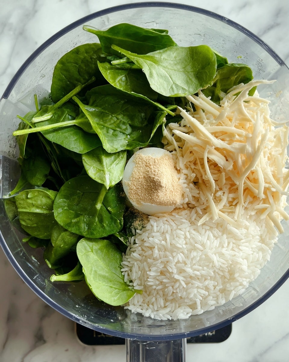 Inside a clear food processor bowl, there are three main layers of ingredients lying separately but close. At the bottom, fresh bright green spinach leaves with smooth texture fill about half the space. On one side near the top, soft white cooked rice forms a fluffy pile. Next to the rice, thin pale beige shredded pieces are stacked loosely. A small sprinkle of light tan powder rests on top of some spinach leaves near the rice. The bowl sits on a white marbled surface. photo taken with an iphone --ar 4:5 --v 7