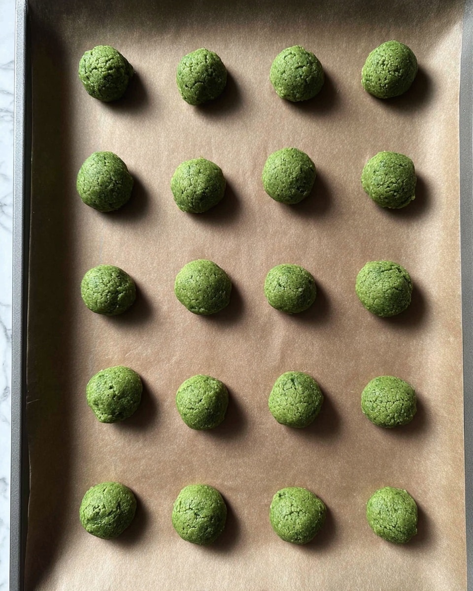 The image shows a baking tray lined with brown parchment paper, neatly arranged with 18 small, round green dough balls in a 3 by 6 grid. The balls have a slightly rough texture and look moist, each spaced evenly apart on the tray. The background surface is changed to a white marbled texture. photo taken with an iphone --ar 4:5 --v 7