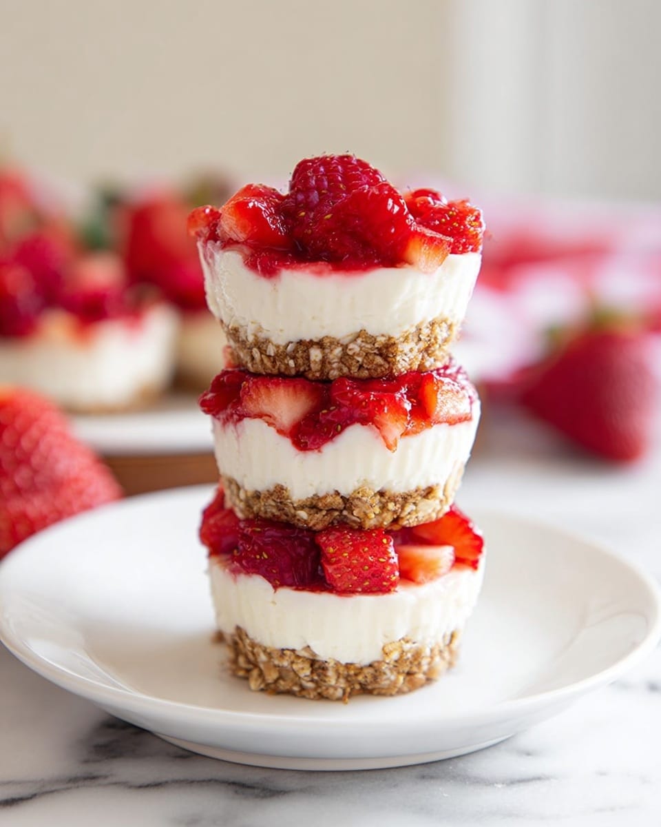 The image shows a stack of three mini strawberry and raspberry cheesecakes on a white plate with a white marbled surface. Each cheesecake has three layers: a bottom layer of light brown granola or oat crust, a middle thick creamy white cheesecake layer with a smooth texture, and a top layer of bright red fresh raspberries and chopped strawberries. The berries look fresh and juicy, placed unevenly on top of each cheesecake, creating a vibrant and colorful contrast with the white cheesecake layer. The background is soft and out of focus with hints of red and white colors, suggesting a cozy kitchen or dining space. Photo taken with an iphone --ar 4:5 --v 7