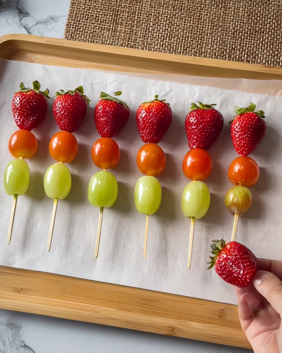 Seven fruit skewers lie on white baking paper over a light wooden tray. Each skewer has two or three pieces of whole fruit arranged in a row. The fruits are shiny and bright, including red strawberries with green tops, orange cherry tomatoes, and light green grapes. The first five skewers have a mix of these fruits in different orders and amounts, while the last two skewers each hold two red strawberries. A woman's hand is gently holding the end of the skewer closest to the camera. The background shows a white marbled surface with a woven mat on one side. Photo taken with an iphone --ar 4:5 --v 7
