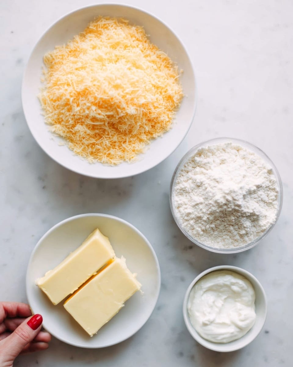The image shows four white bowls placed on a white marbled surface. The top left bowl contains a large amount of shredded orange cheese that looks soft and fluffy. To the right of it, there is a bowl filled with white flour that has a slightly powdery texture and some small lumps. Below the cheese, there is a small bowl with three medium-sized sticks of yellow butter, smooth and solid. To the right of the butter, there is another small bowl filled with white sour cream, creamy and thick. A woman's hand with red nail polish is holding the bowl of shredded cheese from the left side. photo taken with an iphone --ar 4:5 --v 7