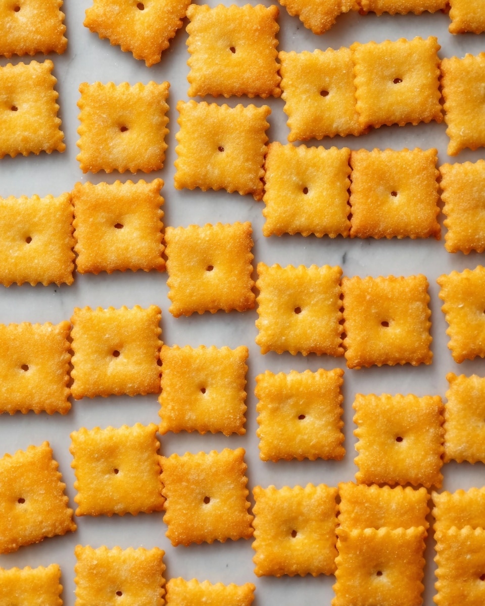 Many small square crackers are spread out evenly in rows on a white marbled surface. Each cracker is golden yellow with slightly scalloped edges and a tiny hole in the center. The texture looks crisp and slightly rough, with some crackers tilted at slight angles adding a casual, neat arrangement. The lighting is soft and natural, highlighting the crackers' warm color and subtle texture. photo taken with an iphone --ar 4:5 --v 7