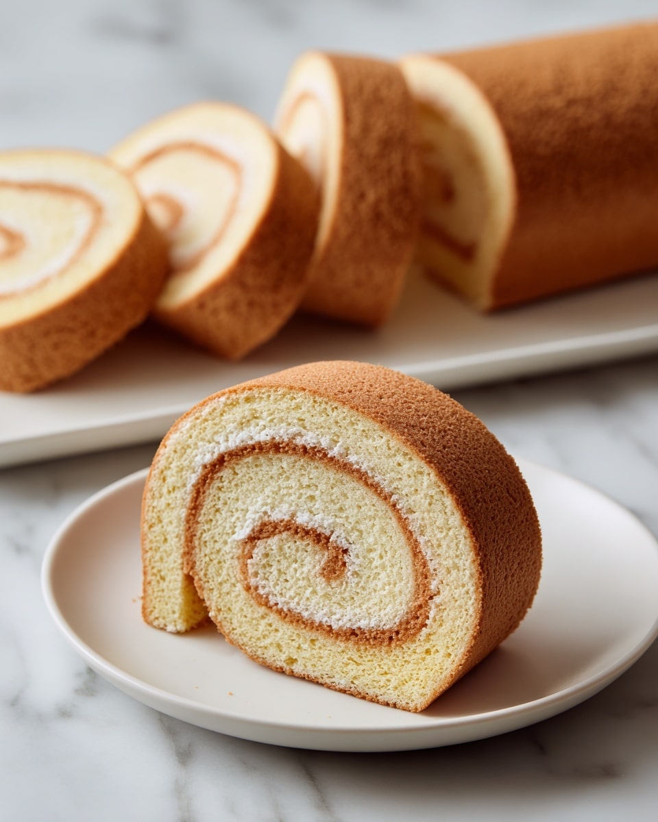 A close-up view of a soft, round cake roll sliced to show its spiral layers. The outer layer is a smooth, light brown color, while the inner spiral is pale yellow with a light, fluffy texture. The front slice sits on a plain white plate on a white marbled surface. In the background, there is a white rectangular plate holding three more evenly cut cake rolls, all showing the same colors and textures. The photo taken with an iphone --ar 4:5 --v 7