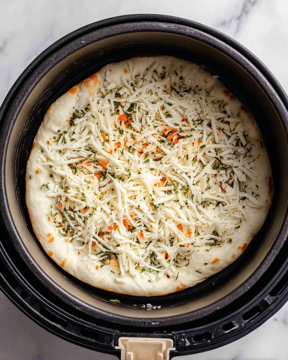 A single round flatbread lays in the bottom of a black air fryer basket, topped with a layer of white shredded cheese that is scattered evenly across the surface. The cheese is mixed with some small bits of herbs and spices, giving a slight green and orange speckled texture on top. The edges of the flatbread are pale and slightly puffy, showing a soft texture. The basket handle is visible with a light brown detail, resting on a white marbled surface. photo taken with an iphone --ar 4:5 --v 7
