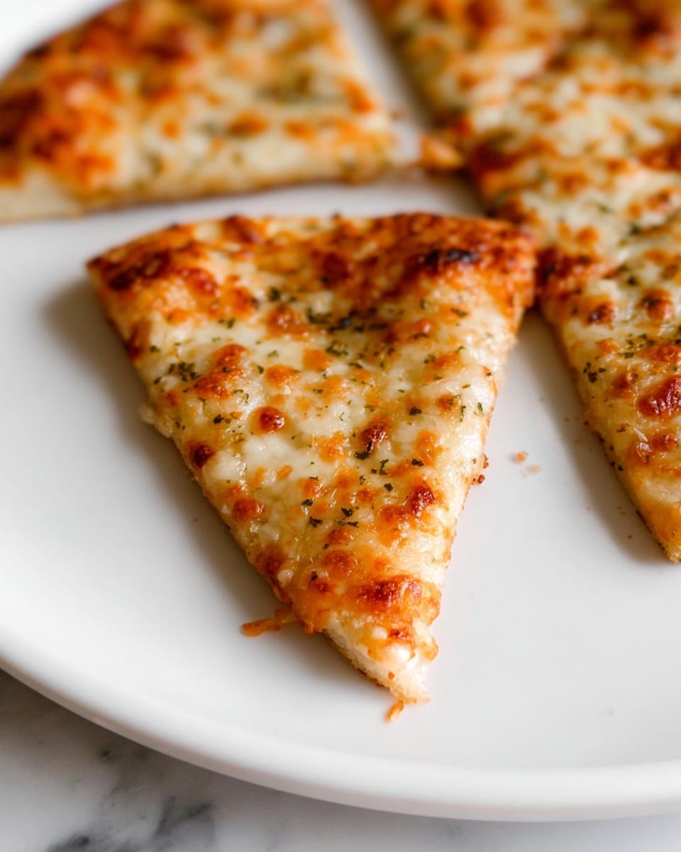 The image shows a close-up of three slices of a cheese pizza on a white plate placed on a white marbled surface. The pizza has one thin crust layer at the bottom, light golden in color, topped with a thick layer of melted cheese that is golden brown with slightly browned spots across the surface. There are small bits of herbs and seasoning sprinkled evenly over the cheese. The focus is on one central slice, with two more at the edges, slightly blurred. The photo taken with an iphone --ar 4:5 --v 7
