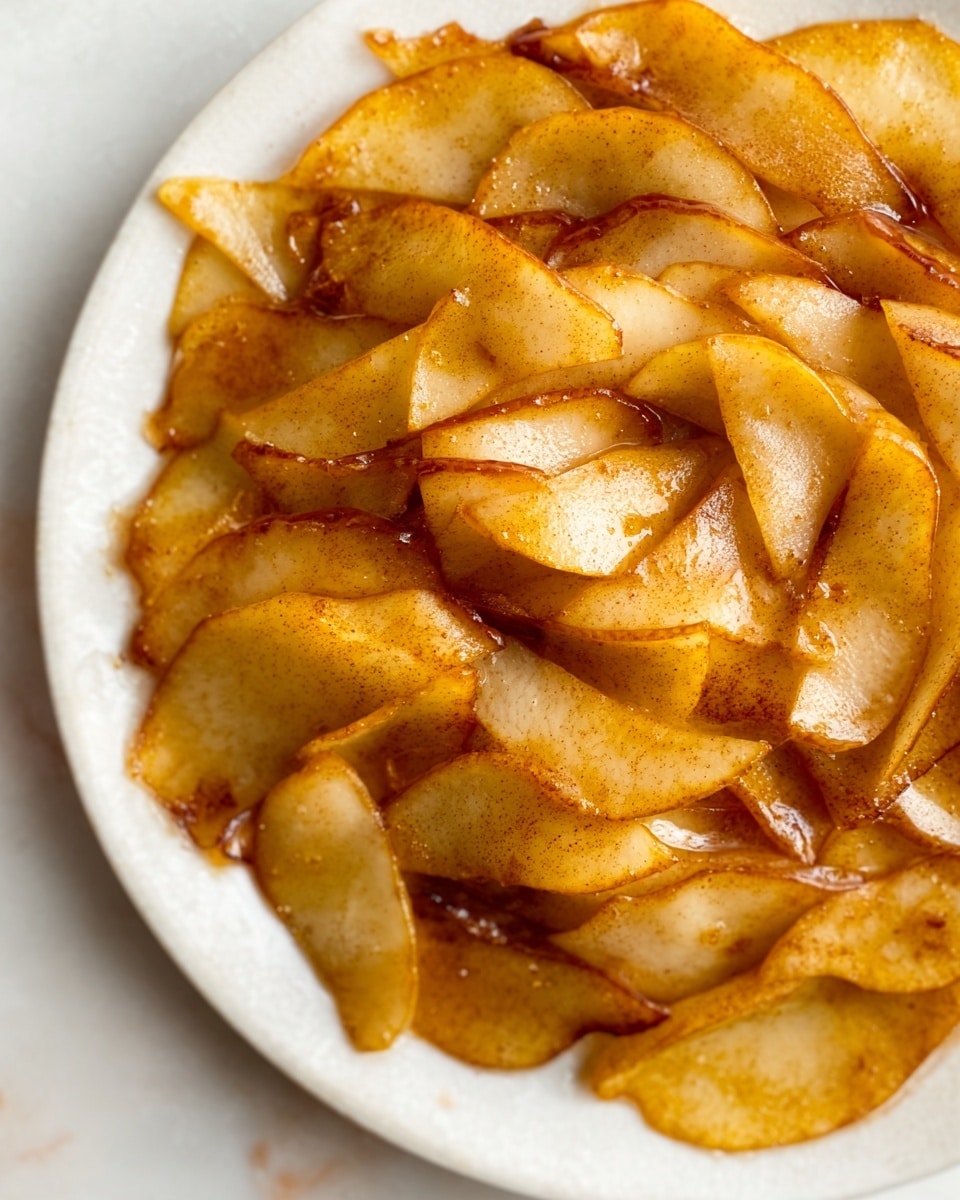 The image shows a close-up of a white plate filled with thinly sliced pear pieces arranged in an overlapping circular pattern. The pear slices are golden yellow and light brown with a slightly shiny texture, indicating they are cooked or caramelized. The edges of some slices are slightly curled and darker, adding depth to the dish. The background is a white marbled surface that contrasts softly with the warm tones of the pears. Photo taken with an iphone --ar 4:5 --v 7