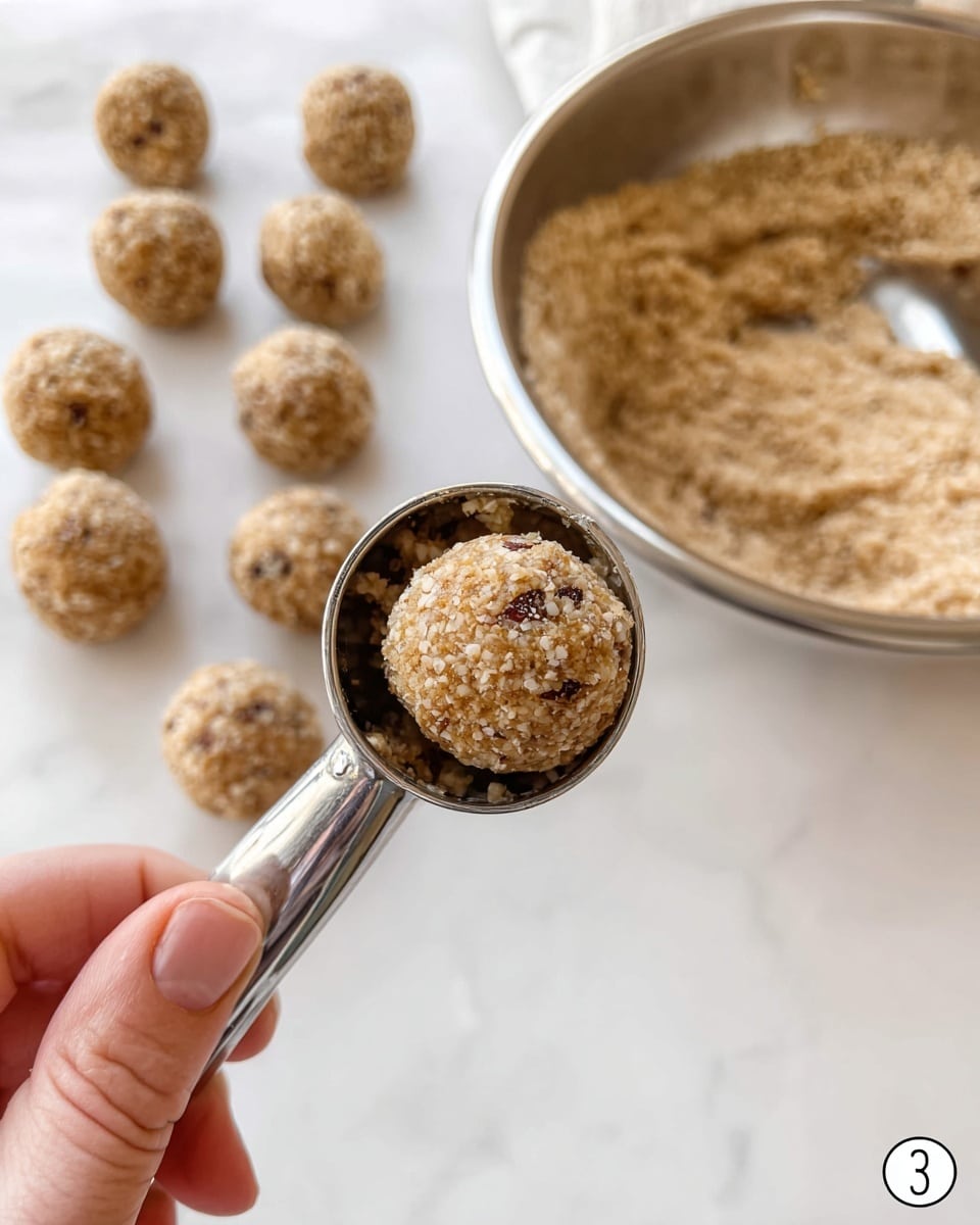 The image shows a close-up of a metal scoop holding a round, textured mixture that is light brown and grainy with small darker bits scattered inside. In the background, multiple small balls of the same mixture are laid out on a white marbled surface. A large metal bowl filled with the same light brown mixture is slightly blurred behind the scoop. A woman's hand is holding the scoop, positioned at the bottom right of the image. The scene is bright and clear, focusing on the textured mixture in the scoop. photo taken with an iphone --ar 4:5 --v 7