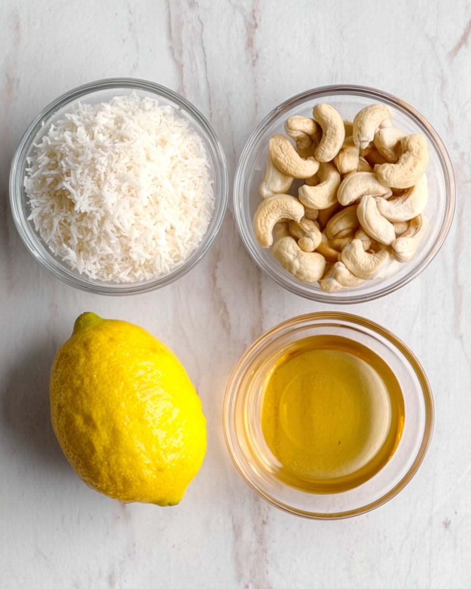 The image shows four clear glass bowls and one lemon placed on a white marbled surface. The top left bowl is filled with white shredded coconut, creating a soft, fluffy texture. The top right bowl contains whole cashew nuts, light tan in color with smooth curved shapes. Below them, on the left, is a whole bright yellow lemon with a slightly bumpy skin. To the right of the lemon is a small bowl filled with light golden honey, smooth and glossy. All items are neatly arranged and well-lit. photo taken with an iphone --ar 4:5 --v 7