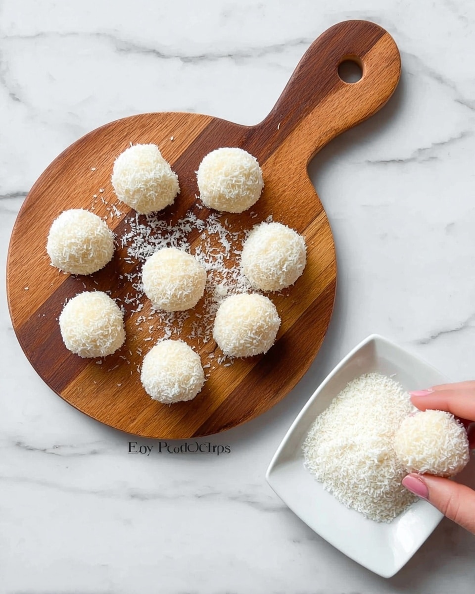 There are nine round balls covered in white grated coconut arranged on a round wooden board with a handle. To the right of the board, there is a small white square bowl filled with white grated coconut, with one ball being rolled in it by a woman's hand. The surface underneath is white with a marbled texture. photo taken with an iphone --ar 4:5 --v 7