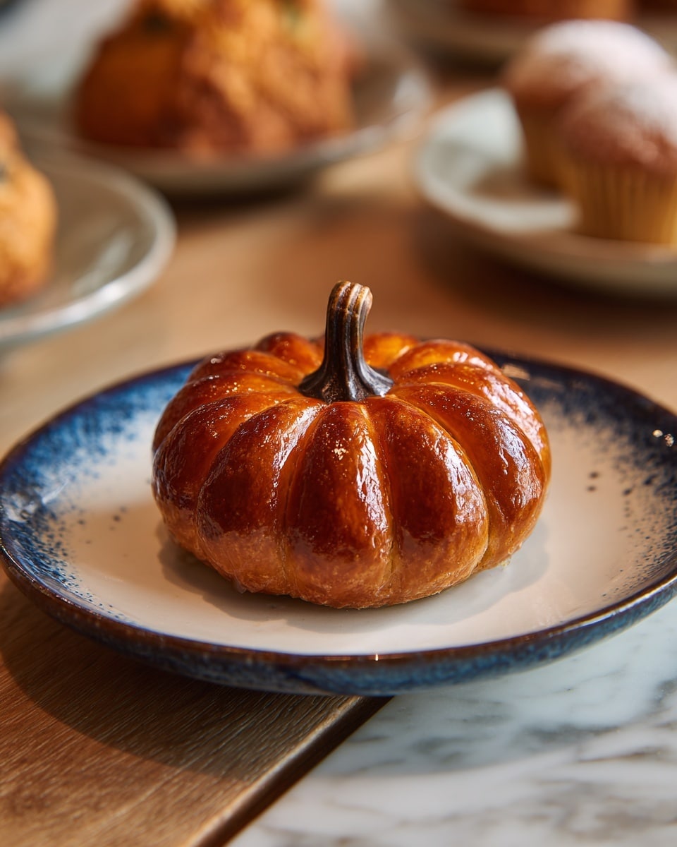 The image shows a small, round pastry shaped like a flower with six golden-brown, shiny segments forming the petals. In the center, a small brown stem-like piece sticks up, resembling a pumpkin stem. The pastry sits on a white plate with a blue speckled inside and dark edges. The background is a wooden surface with blurred baked goods in the distance and a white marbled texture beneath the plate. Photo taken with an iphone --ar 4:5 --v 7