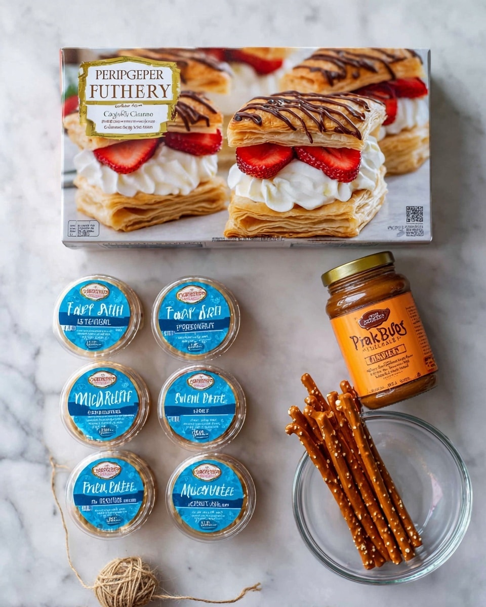 The image shows a box of Pepperidge Farm Puff Pastry Sheets at the top, with a close-up of layered puff pastry desserts filled with white cream and red strawberry slices, topped with chocolate drizzle. Below the box, there are four small round containers of Trader Joe's Mini Brie Bites arranged in a square, each container having a blue and white label. To the right of the cheese, there is a jar of Trader Joe's Pumpkin Butter with an orange label and golden lid. In the bottom right corner, a clear glass bowl holds several golden-brown pretzel sticks standing upright. Near the bowl, a small coil of natural-colored twine lies on the white marbled surface. Photo taken with an iphone --ar 4:5 --v 7