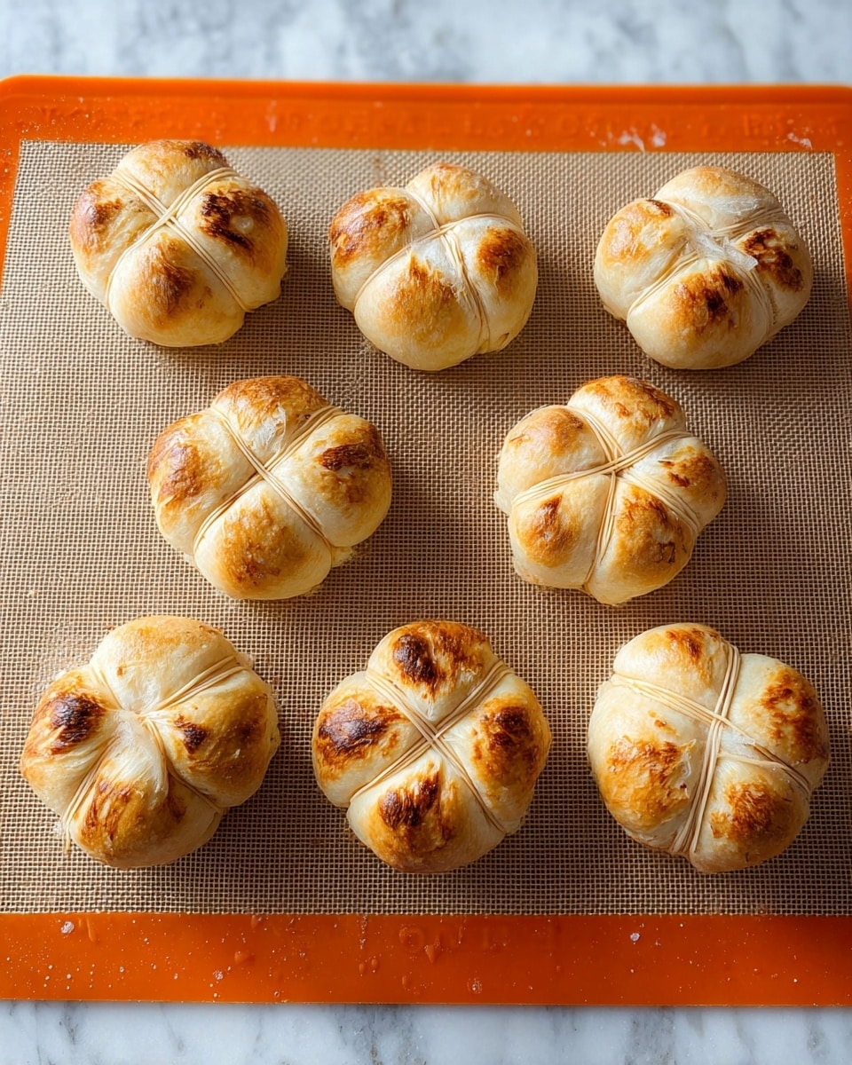Six golden brown baked buns shaped like flowers are evenly spaced on a baking mat with an orange border. Each bun has been tied with light brown string, creating visible sections like petals on top. The buns have a slightly toasted look with darker brown spots on the top, showing they are well baked. The baking mat rests on a white marbled surface. Photo taken with an iphone --ar 4:5 --v 7