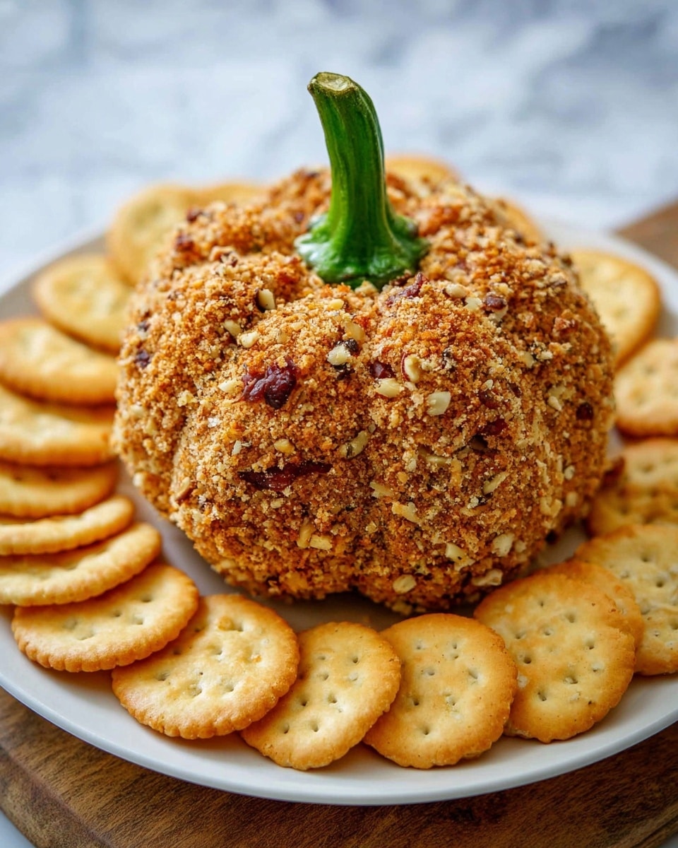 A round ball shaped like a small pumpkin sits in the middle of a white plate. It has a rough, crumbly coating with bits of nuts and spices that give it a light brown and reddish color. On top, a bright green pepper stem adds a fresh, natural touch. Surrounding the pumpkin ball, there are many golden round crackers arranged around the edges of the plate, showing their slightly shiny, crispy texture. The plate rests on a white marbled surface. photo taken with an iphone --ar 4:5 --v 7