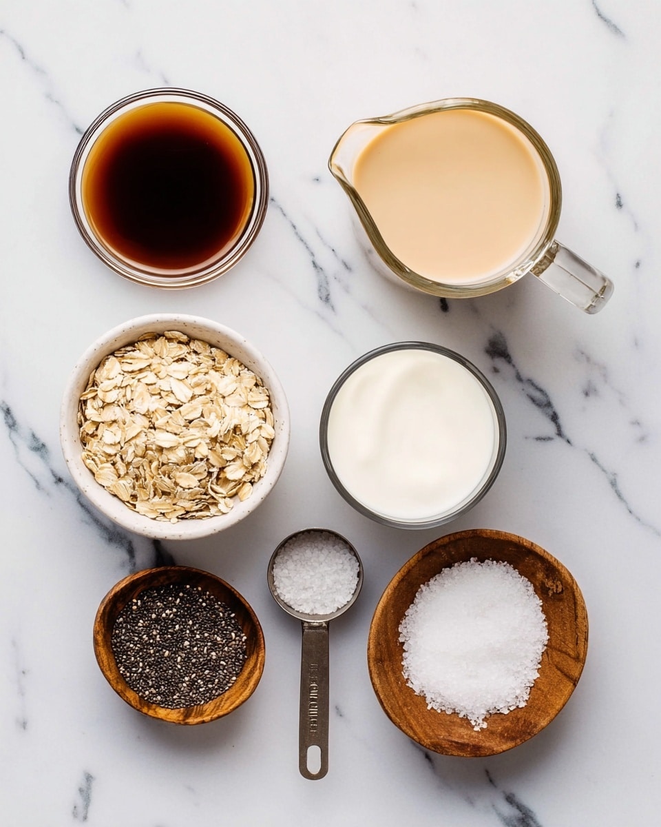Seven small containers are arranged on a white marbled surface. From top left to bottom right: a small clear bowl with dark brown liquid, a white bowl with light brown liquid, a glass jug with creamy off-white liquid, a metal measuring cup filled with light beige oats, a glass containing thick white yogurt, a small wooden bowl with black chia seeds, and another small wooden bowl with white salt crystals. The containers show a variety of textures and colors, from smooth liquids to coarse dry ingredients, all neatly spaced. photo taken with an iphone --ar 4:5 --v 7