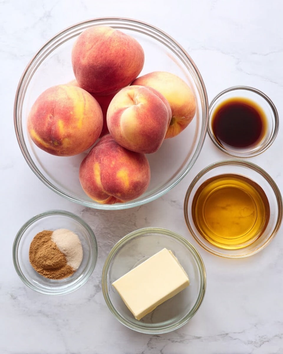 A set of six ripe peaches with shades of light orange, pink, and red sits in a clear glass bowl on a white marbled surface. Surrounding the bowl are five smaller clear glass bowls: one with a small amount of brown cinnamon powder and a bit of light beige ginger powder, one with dark brown vanilla extract, one with a block of pale yellow butter, and one with golden honey. The arrangement is simple, neat, and brightly lit, emphasizing the natural colors and textures of each ingredient. Photo taken with an iphone --ar 4:5 --v 7