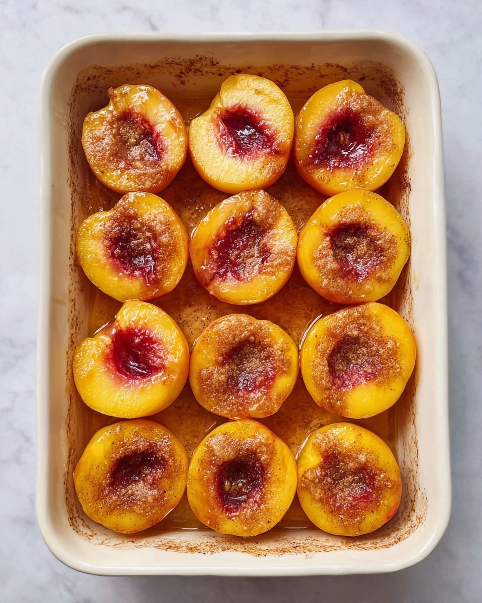 The image shows a white baking dish filled with 12 peach halves arranged in three rows of four. Each peach half is golden yellow with a reddish center where the pit was removed, revealing a juicy and slightly syrupy texture. The peaches are placed with the hollow side up, and some have a light dusting of cinnamon or spices on top. The edges of the baking dish have some caramelized marks, showing the peaches have been baked. The dish sits on a white marbled surface. photo taken with an iphone --ar 4:5 --v 7
