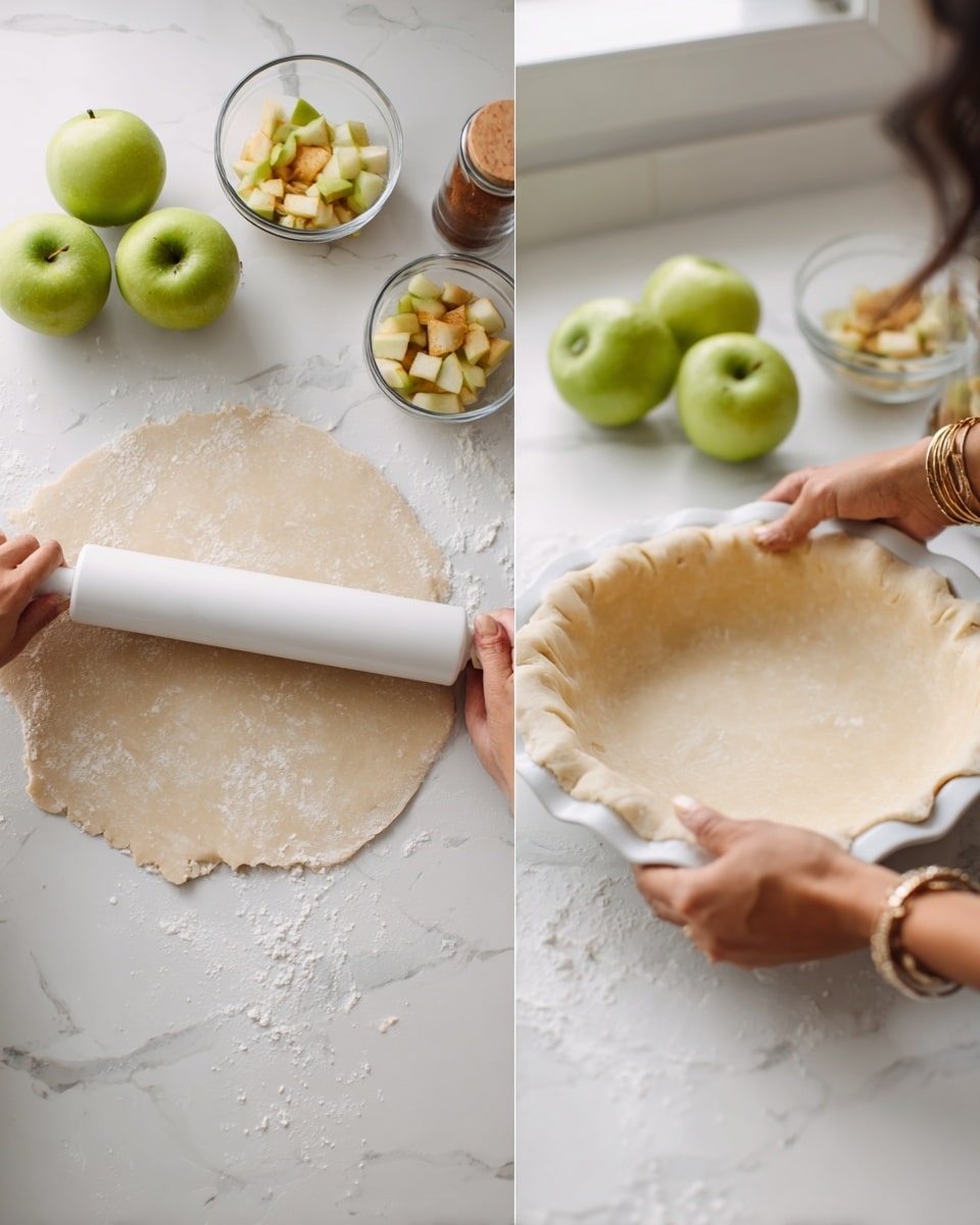 The image shows two scenes of making pie dough on a white marbled counter with some flour scattered around. On the left, a woman’s hand is rolling out light beige dough with a white rolling pin, flattening it into a circle. Behind the dough, there are three green apples, two clear measuring cups filled with chopped light yellow apples, and a small glass jar with cinnamon. On the right, the woman’s hands are lifting the rolled dough into a white pie dish, shaping the dough to fit around the edges, with the same apples, measuring cups, and cinnamon jar in the background. Photo taken with an iphone --ar 4:5 --v 7