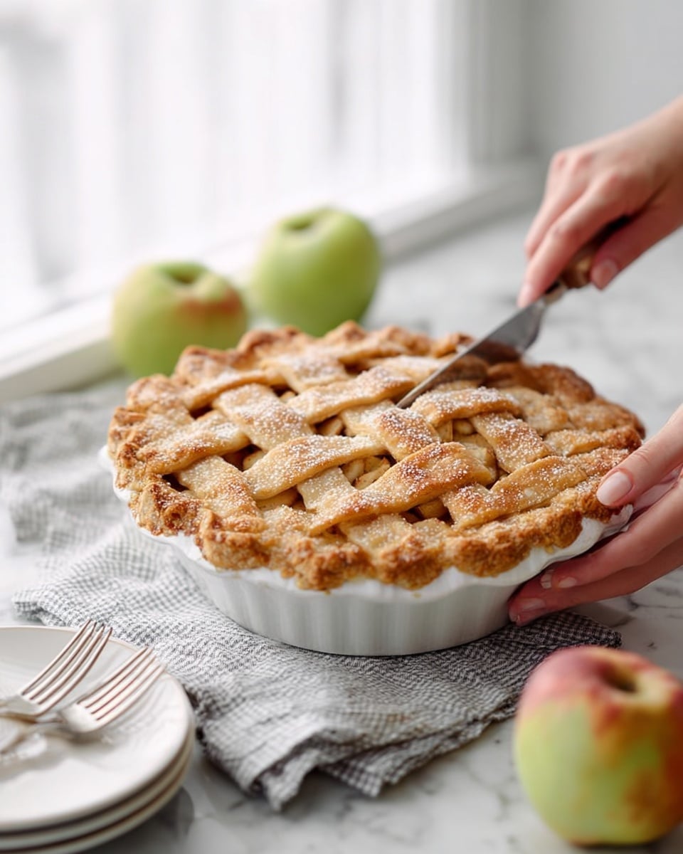A golden brown apple pie with a lattice crust made of crisscrossed dough strips sprinkled with sugar on top, sitting in a white pie dish that is placed on a gray checkered cloth. A woman's hand is holding the side of the dish while another woman's hand is using a knife to cut into the pie, showing a textured crust with a lightly browned edge. In the foreground, there are three greenish-red apples on a white marbled surface, and a stack of white plates with silver forks is on the left side. The background is softly blurred with a white marbled texture and soft natural light coming from a window. photo taken with an iphone --ar 4:5 --v 7