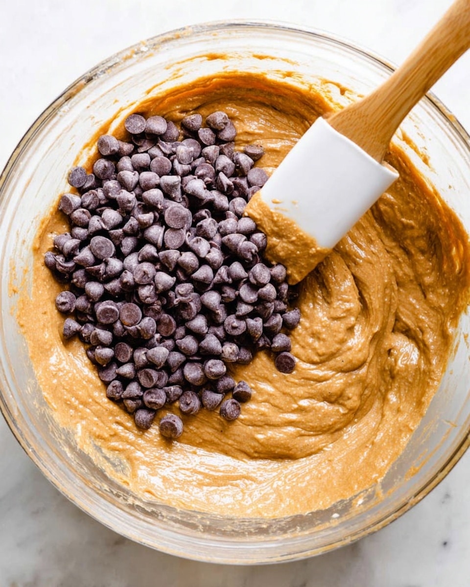 A close-up shot shows a thick, light brown batter inside a clear glass bowl on a white marbled surface. On top of the batter, there is a pile of small, rounded dark brown chocolate chips mostly gathered on one side. A wooden spatula with a white silicone head is partially dipped in the batter, holding some chocolate chips, with a woman's hand holding the spatula handle. The light highlights the creamy texture of the batter and the smooth shape of the chocolate chips. Photo taken with an iphone --ar 4:5 --v 7