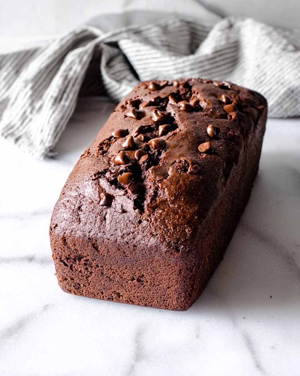 A rectangular chocolate loaf cake sits on a white marbled surface, showing a smooth dark brown base and a top layer scattered with melted chocolate chips that add a glossy, textured look. The top surface is cracked slightly, revealing a moist and dense inside. A gray and white striped cloth is casually placed behind the loaf, adding a soft touch to the bright and clean scene. photo taken with an iphone --ar 4:5 --v 7