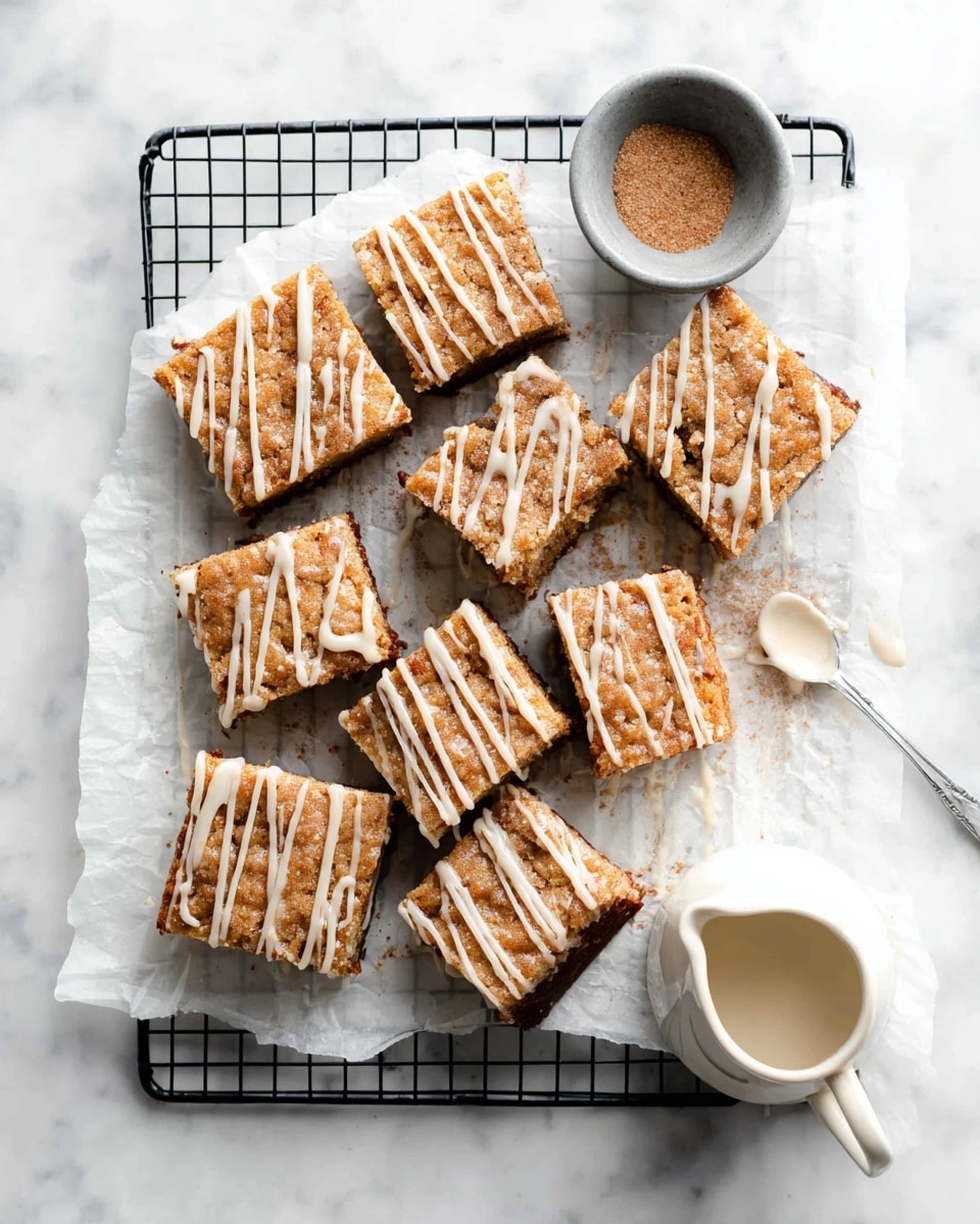 There are nine square pieces of golden brown cake arranged on a white parchment paper on a black cooling rack. Each cake piece has light brown sugar and cinnamon sprinkled on top, with white icing drizzled in thin lines across all pieces. Near the top right of the rack, there is a small gray cup filled with light brown cinnamon sugar. Below the cup, a metal spoon holds some white icing, and near the bottom right corner of the image is a white ceramic jug with a small spout, likely for the icing. The whole setup is on a white marbled surface. photo taken with an iphone --ar 4:5 --v 7