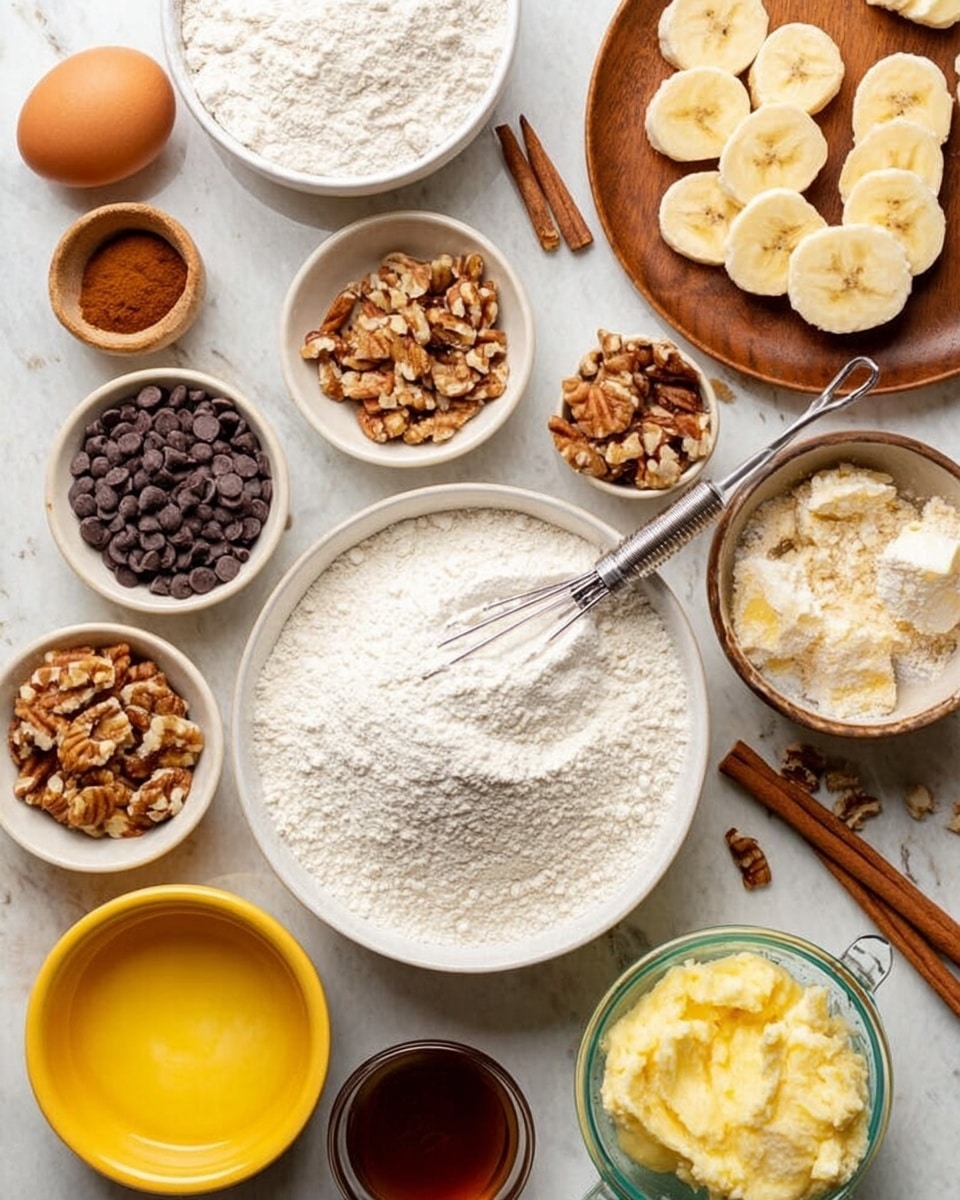 The image shows many bowls and containers on a white marbled surface, all filled with different baking ingredients. In the center, a white bowl holds a thick pile of white flour with a metal whisk inside. Around it, there are small white bowls with dark brown chocolate chips, light brown cinnamon, chopped nuts in light and dark browns, and white baking soda. A wooden plate on the right holds several slices of yellow banana. A clear measuring cup at the bottom right contains mashed bananas with a fork. Near the top right, a larger clear bowl holds melted yellow butter. A yellow bowl on the left holds a cracked egg with the shell nearby. There is also a small cup of dark brown maple syrup, and cinnamon sticks are partially visible on the lower left. The overall scene is bright and calm. photo taken with an iphone --ar 4:5 --v 7