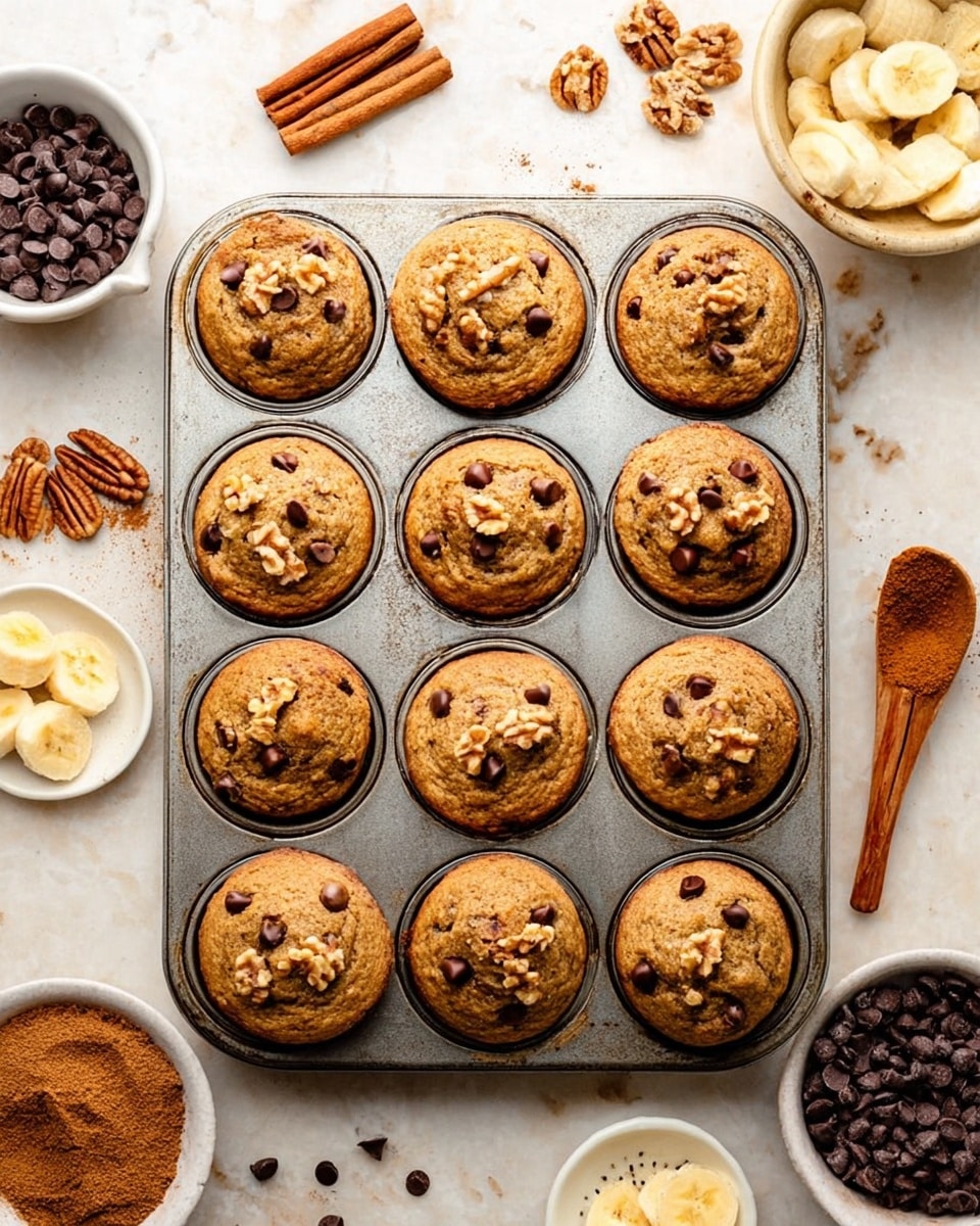 A metal muffin tray holds twelve freshly baked muffins, each topped with either chocolate chips or walnut pieces; the muffins are golden brown with a slightly bumpy texture and a soft, rounded top. The tray is placed on a white marbled surface and is surrounded by small white bowls filled with chocolate chips, walnut halves, sliced bananas, cinnamon powder, and some scattered cinnamon sticks and pecans. The overall scene is bright, clean, and cozy, showing a warm baked good moment photo taken with an iphone --ar 4:5 --v 7