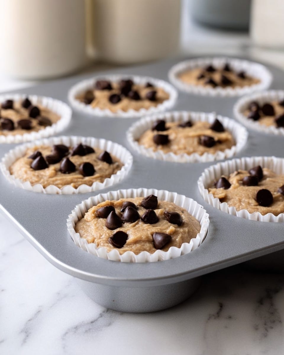 The image shows a light gray metal muffin tray filled with seven cupcake liners holding unbaked cookie dough with chocolate chips on top. Each liner is white with ridged edges, and the dough is light brown with evenly scattered dark chocolate chips on the surface. The tray rests on a smooth white marbled surface. In the background, out of focus, there are white jars or containers adding a soft touch to the scene. The view is close-up with a slight angle showing texture on the dough and the contrast between the dark chocolate chips and the lighter dough. Photo taken with an iphone --ar 4:5 --v 7