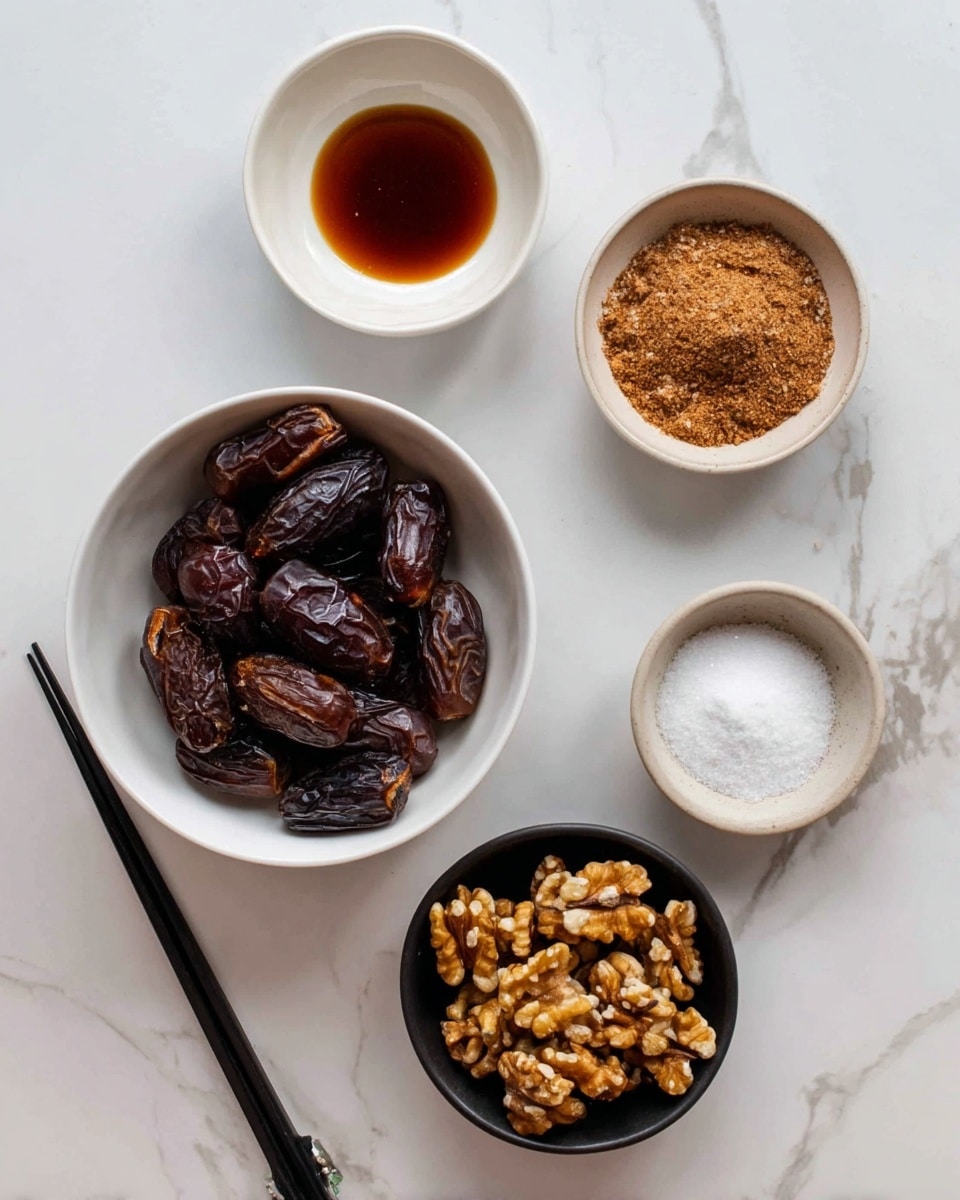 The image shows five bowls on a white marbled surface, each with different ingredients. At the bottom center is a white bowl filled with dark brown dates that have a shiny texture. To the left of it is a small white bowl with thick, dark amber liquid inside. Above that is a medium white bowl containing fine, light brown powder. To the right of the medium bowl, there is a small black bowl filled with light brown walnuts and some powder on top. Above all, there is a small white bowl with white granulated salt. A pair of black chopsticks is resting on the black bowl holding the walnuts. The scene is bright and clear, photo taken with an iphone --ar 4:5 --v 7
