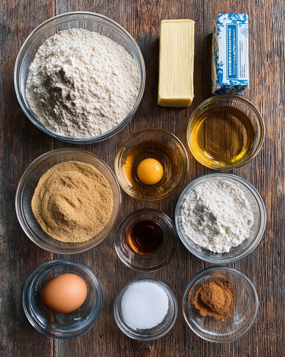 The image shows an overhead view of several small clear glass bowls arranged on a wooden surface, each containing different baking ingredients. In the middle top, a large bowl holds light brown flour with a slight texture difference in the center. To the right of it, a butter stick with blue and white packaging sits next to a glass bowl with golden honey. Below the large bowl, there are two medium bowls: one with light tan brown sugar and the other with white flour. A single brown egg is in a smaller bowl near the center bottom. Around these, smaller bowls contain white granulated sugar, cinnamon powder, vanilla extract, salt, and baking soda, all placed neatly. The wooden surface background contrasts with the clear bowls and various ingredient colors. Photo taken with an iphone --ar 4:5 --v 7